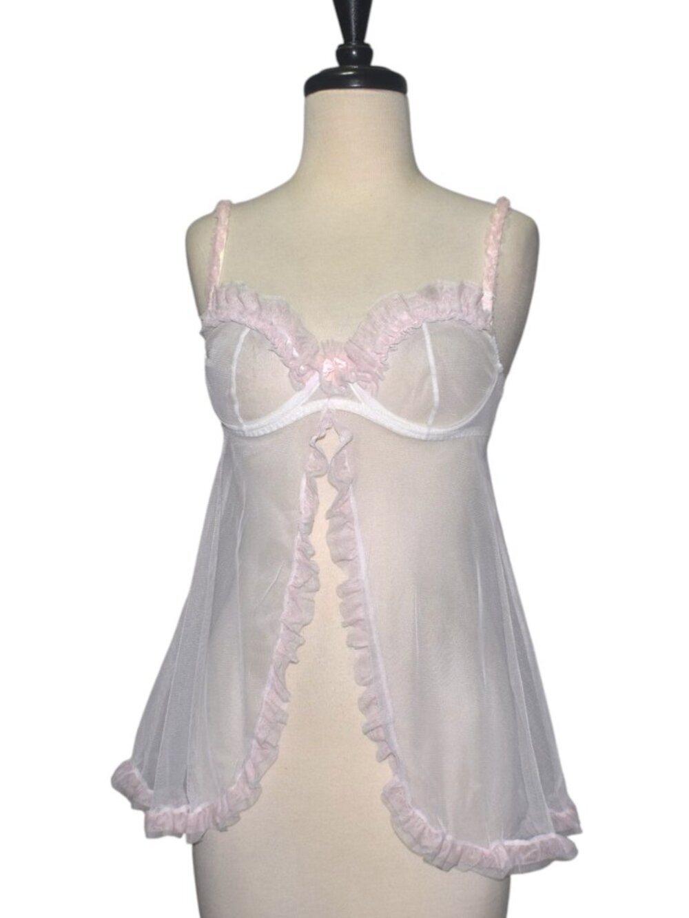 Coquette Y2K Frederick's of Hollywood White Pink Sheer Ruffle Babydoll Pinup S